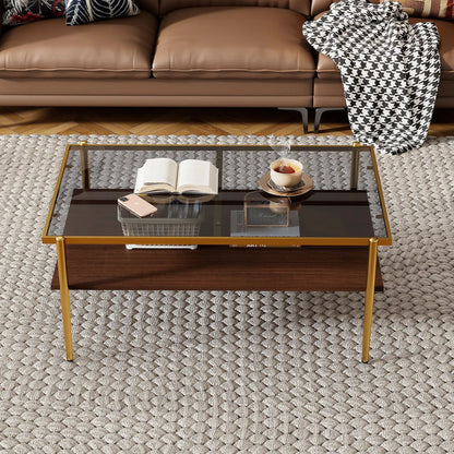 Rectangle tempered glass coffee table with gold metal legs beside a brown leather sofa on Tampa Home & Garden Store