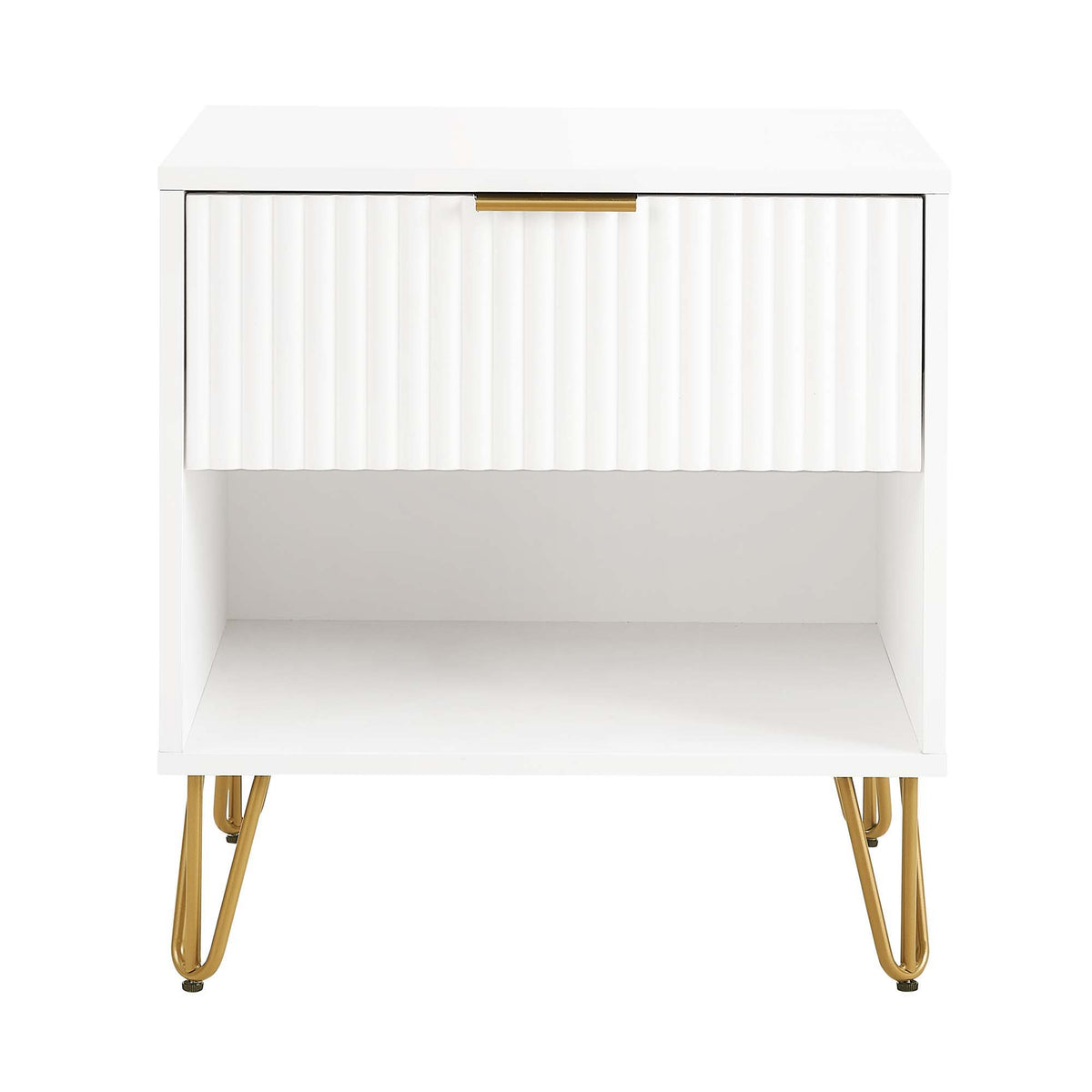 White nightstand with fluted drawer front, gold handles and hairpin legs on Tampa Home & Garden Store