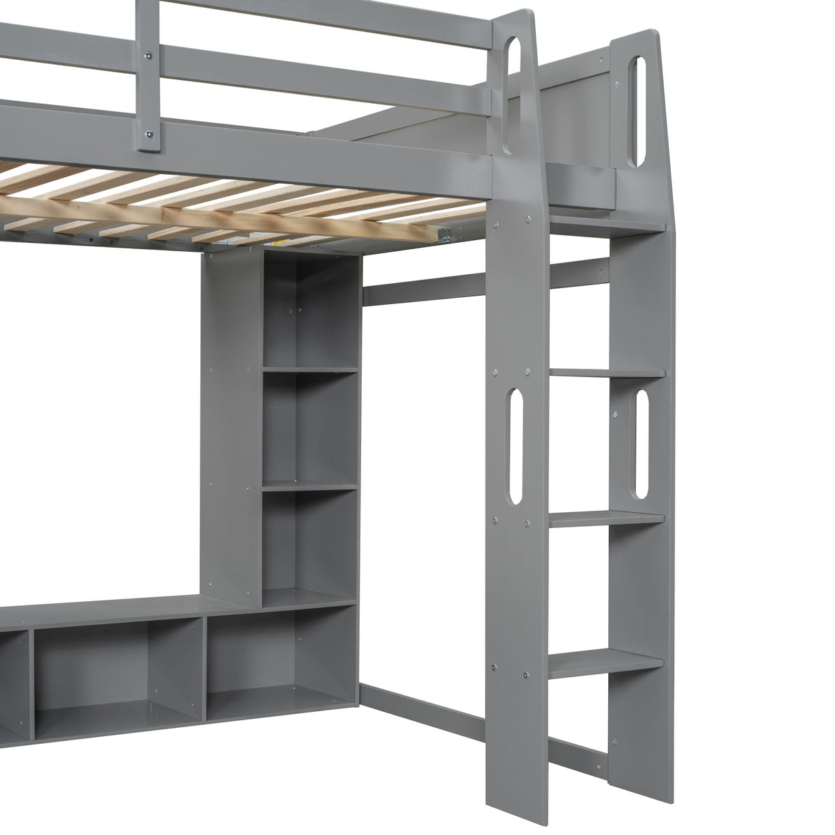 Gaming loft bed with desk in gray metal frame, open storage shelves and side ladder on Tampa Home & Garden Store