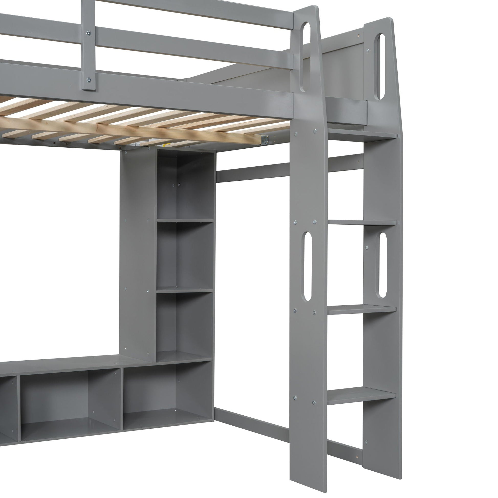 Gaming loft bed with desk in gray metal frame, open storage shelves and side ladder on Tampa Home & Garden Store