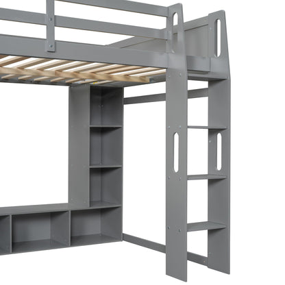 Gaming loft bed with desk in gray metal frame, open storage shelves and side ladder on Tampa Home & Garden Store
