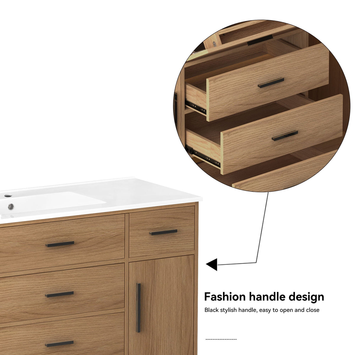 Bathroom vanity with soft-close drawers in oak finish by HouseOfZazla, black bar handles on Tampa Home & Garden Store