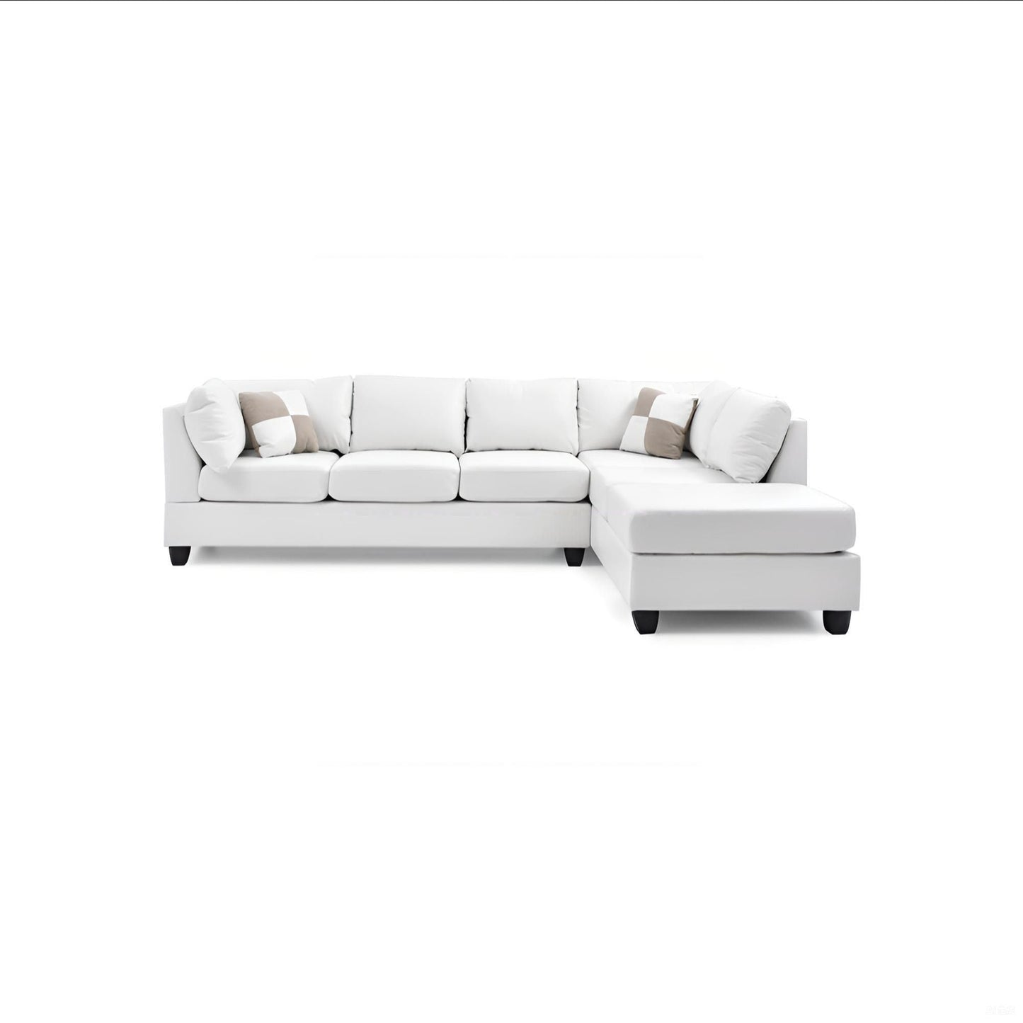 Malone Comfort Sectional white upholstered sofa with chaise, beige pillows HouseOfZazla on Tampa Home & Garden Store