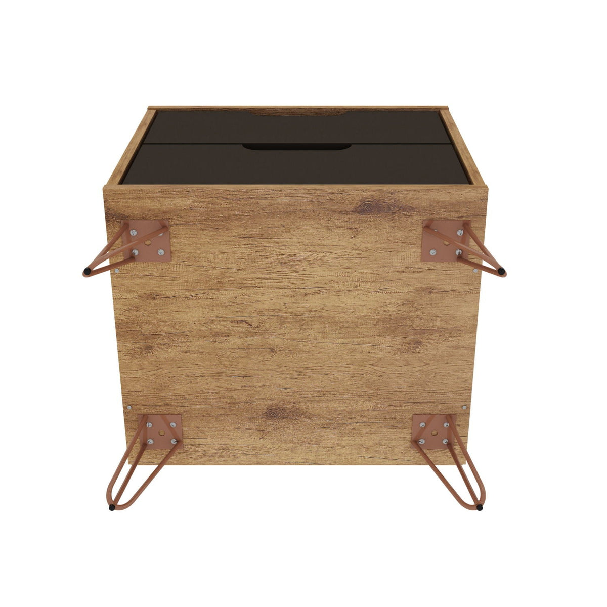 2-Drawer Nightstand by HouseOfZazla with wood grain frame, black drawer fronts, copper hairpin legs on Tampa Home & Garden Store