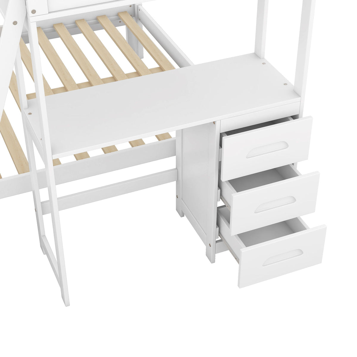 Bunk Bed With Built In Desk And 3 Drawers by HouseOfZazla, white frame with wood slat bed base on Tampa Home & Garden Store