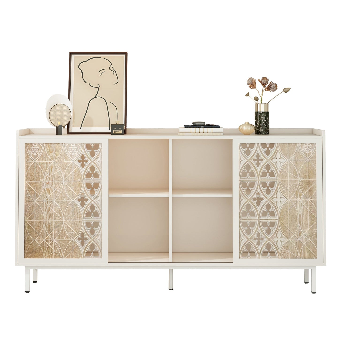 Sicotas Mid Century Sideboard by HouseOfZazla, white with beige panels, top art display on Tampa Home & Garden Store