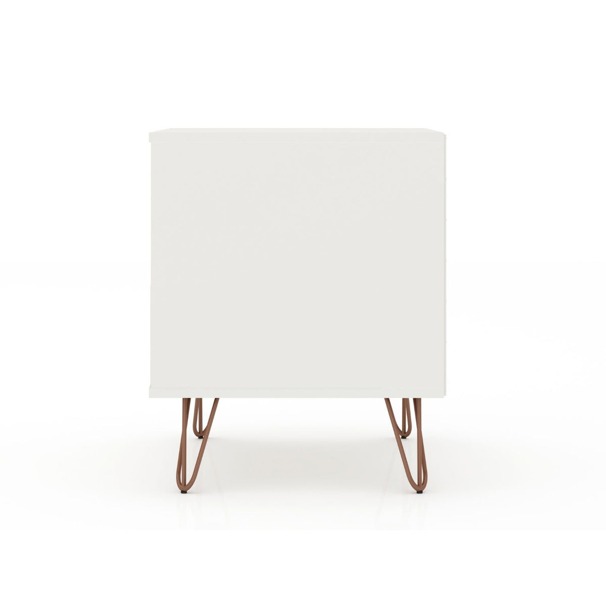 White Rockefeller nightstand with 1 drawer and copper metal hairpin legs on Tampa Home & Garden Store