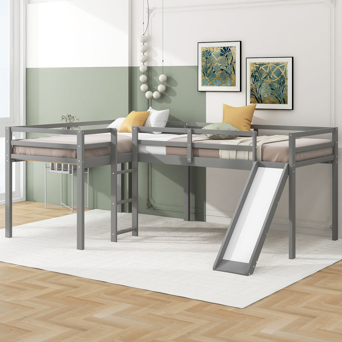 Gray metal L-shaped loft bed with ladder and slide, dual lower beds in a modern kids room on Tampa Home & Garden Store