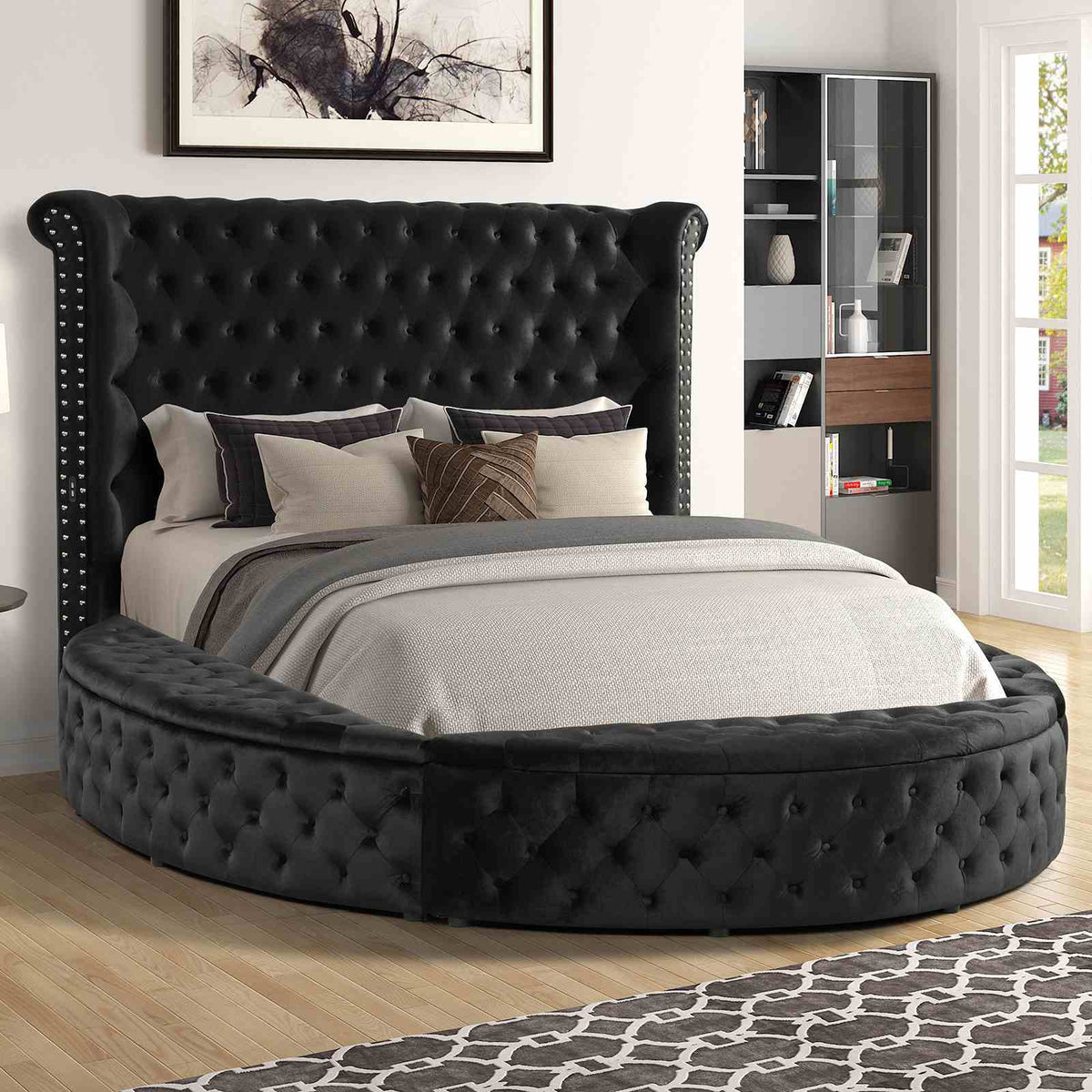 Glam Button Tufted Round Bed with Usb Storage