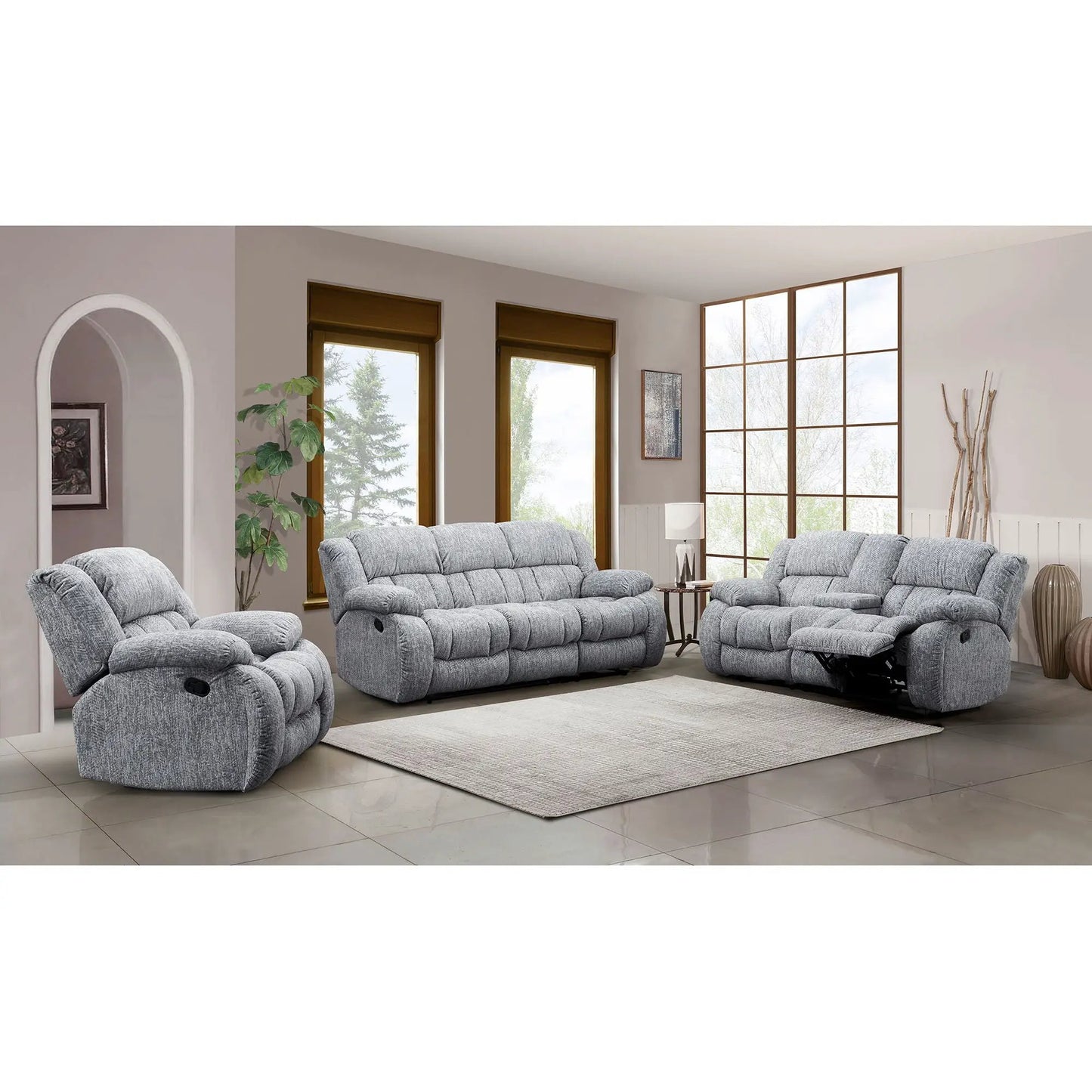 Stonic Design Reclining Set, 3-piece living room in grey fabric by Unique Piece Furniture on Tampa Home & Garden Store