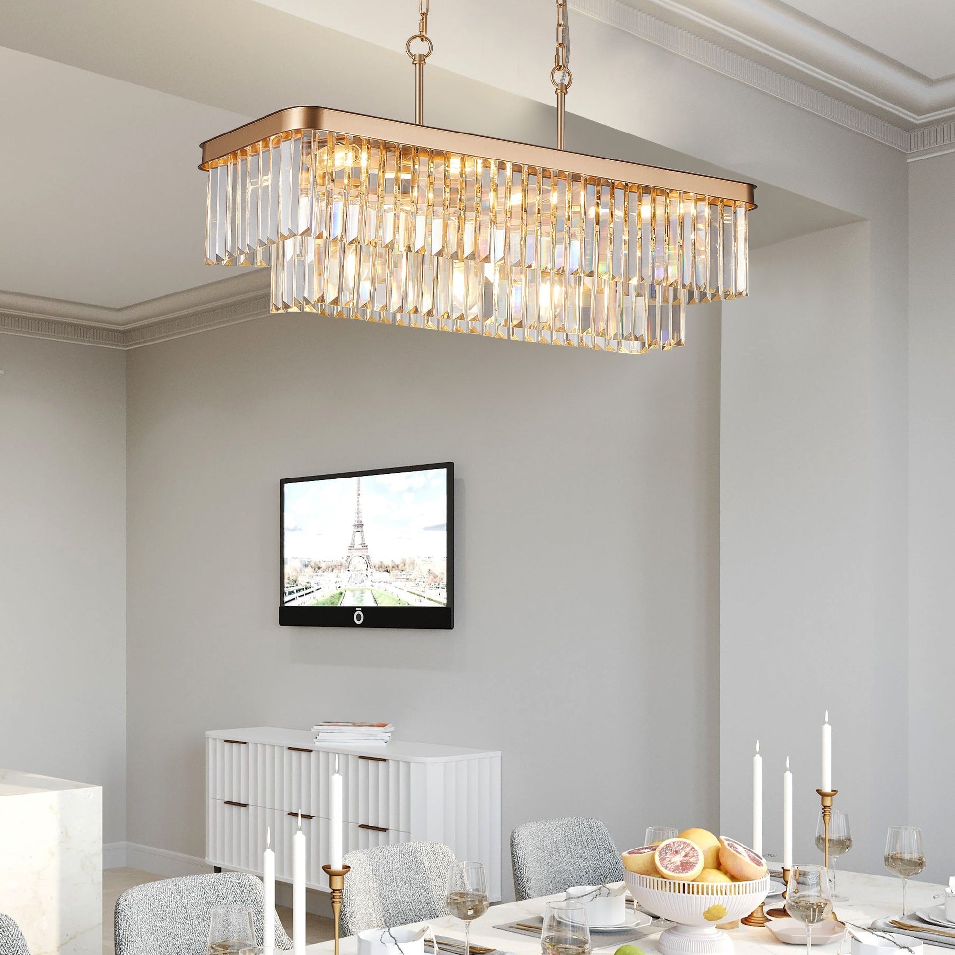 Rectangular crystal chandelier in gold iron finish, adjustable ceiling light on Tampa Home & Garden Store