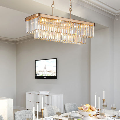 Rectangular crystal chandelier in gold iron finish, adjustable ceiling light on Tampa Home & Garden Store