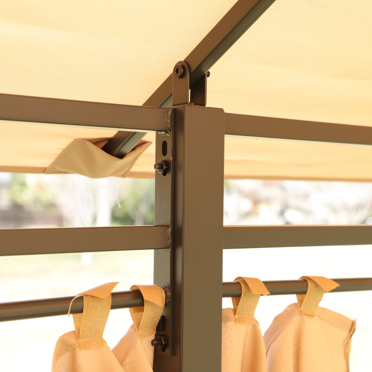 Khaki gazebo canopy frame by HouseOfZazla with brown powder-coated steel and fabric straps on Tampa Home & Garden Store