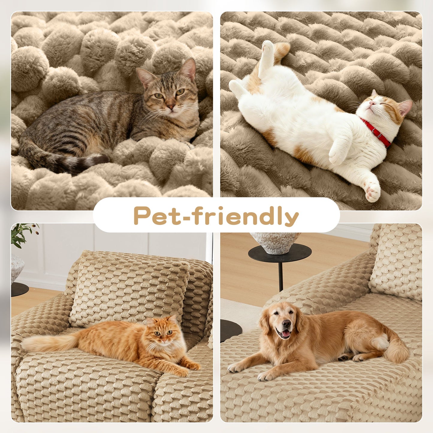 146-inch modern U-shaped modular sofa by HouseOfZazla in beige plush fabric with two cats on Tampa Home & Garden Store