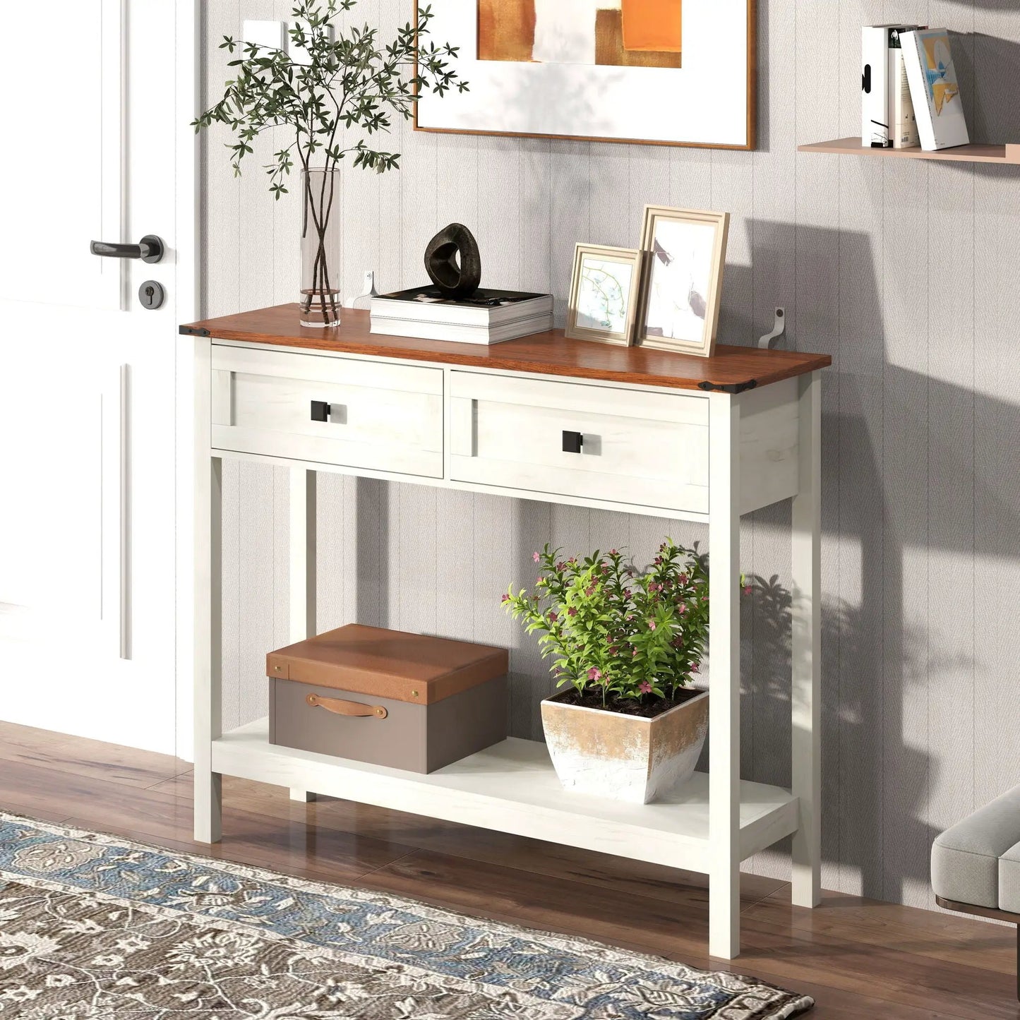Farmhouse Console Table With 2 Drawers and Shelf
