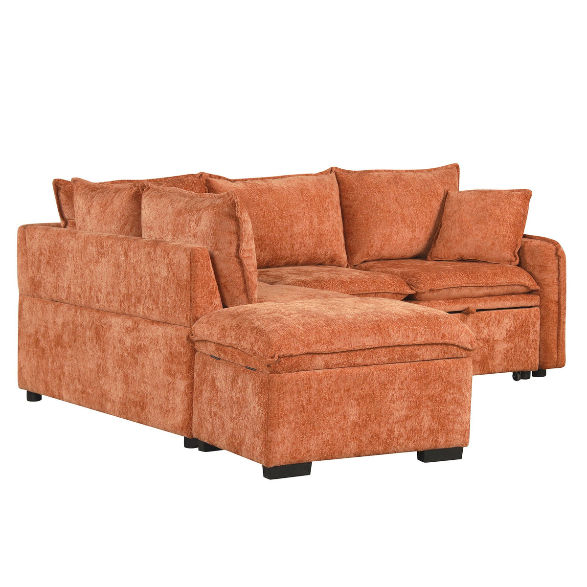 Convertible sofa bed sectional orange fabric with storage ottoman and plush cushions on Tampa Home & Garden Store