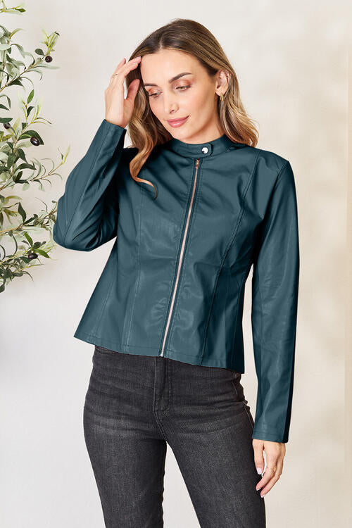 Women Classic Neck Zip-Up Jacket by Stevvex, teal faux leather, cropped coat with front zipper on Tampa Home & Garden Store