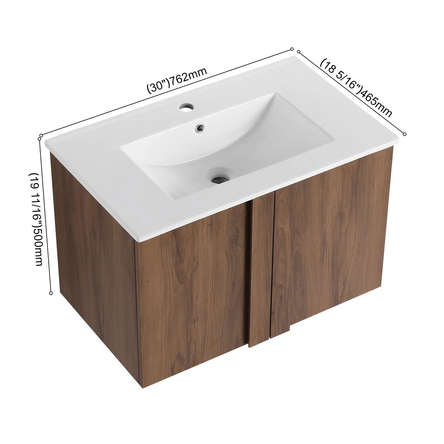 Floating bathroom vanity with sink combo, white ceramic sink on a wood veneer cabinet, 30in wide on Tampa Home & Garden Store