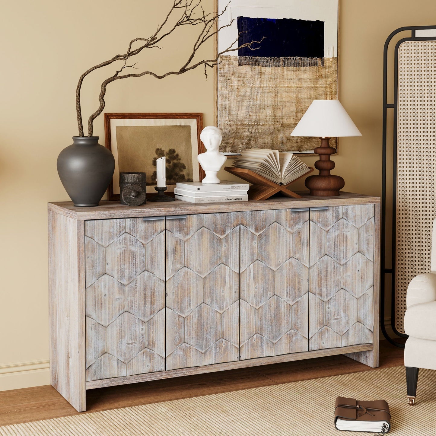 HouseOfZazla farmhouse accent cabinet 4-door weathered wood sideboard storage on Tampa Home & Garden Store