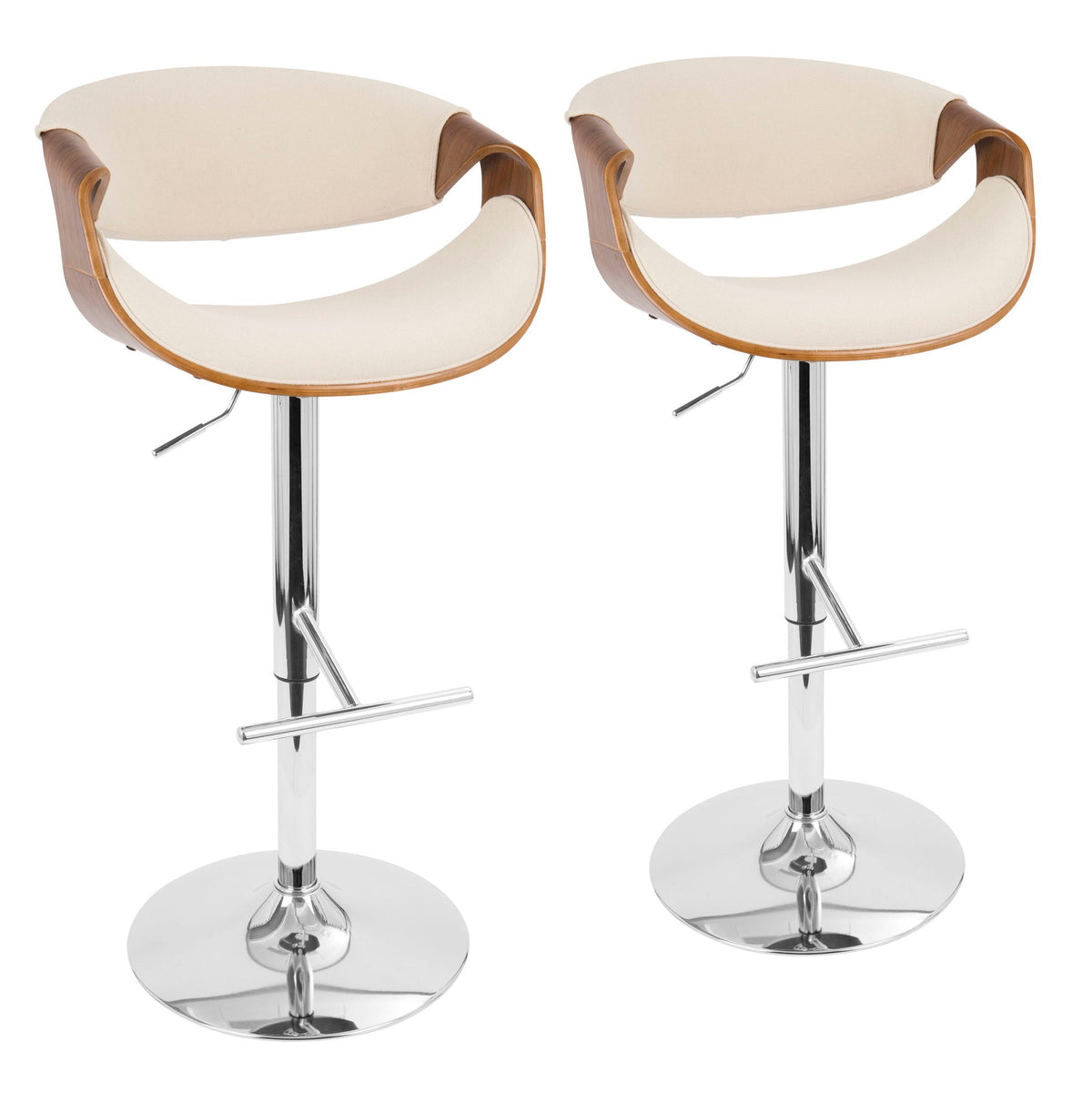 Mid Century Modern Adjustable Barstool pair swivel beige upholstery wood arms chrome bases on Tampa Home & Garden Store