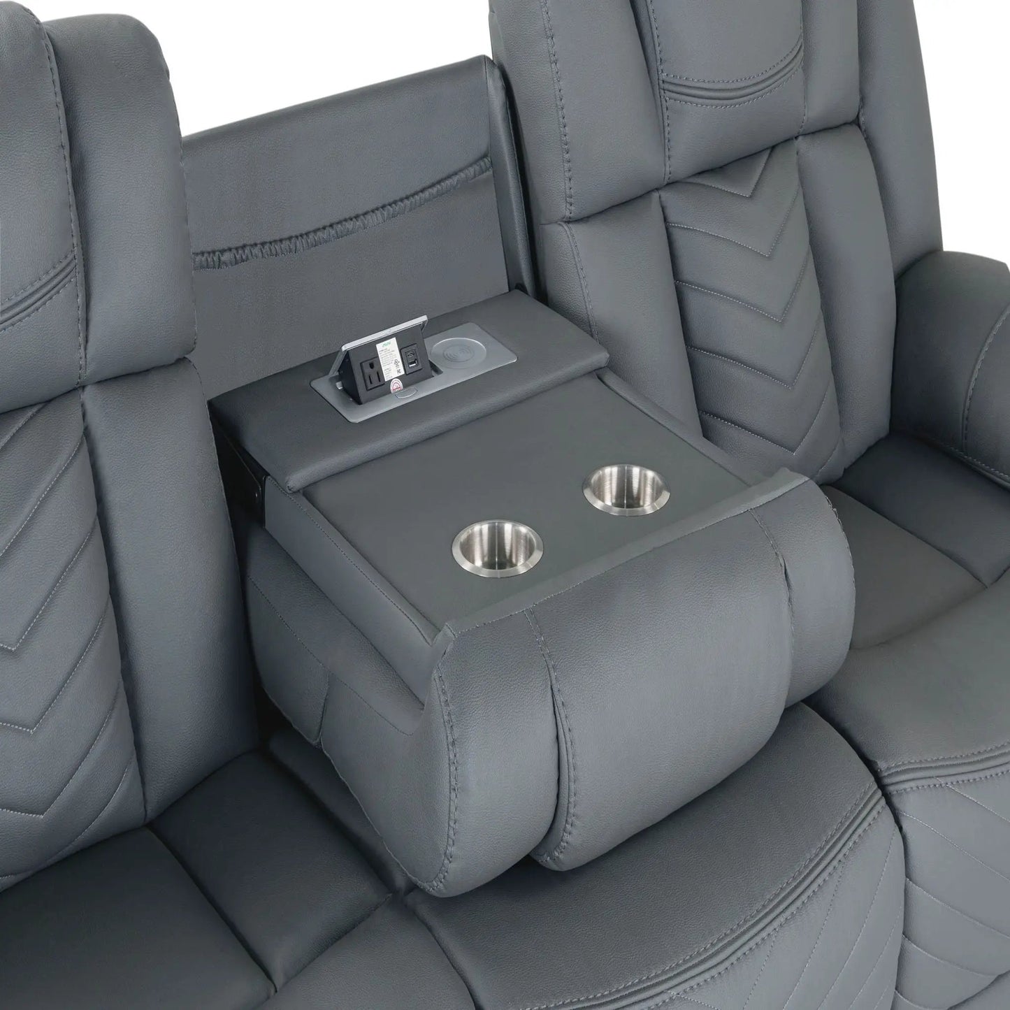 Raize 10 Power Reclining Sofa in gray leather with center console and two cup holders on Tampa Home & Garden Store