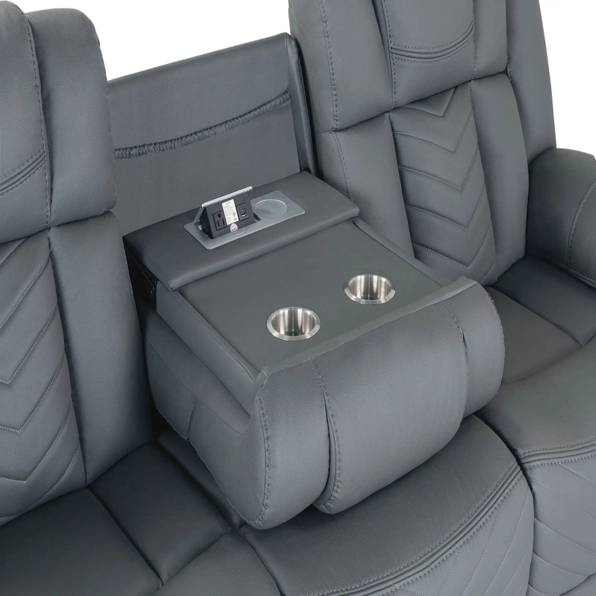 Raize 10 Power Reclining Sofa in gray leather with center console and two cup holders on Tampa Home & Garden Store