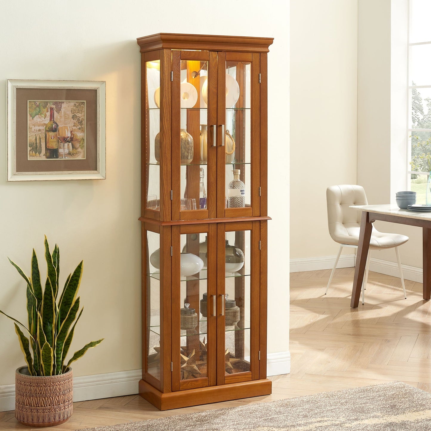 Lighted wooden curio cabinet with adjustable shelves and mirrored back panel on Tampa Home & Garden Store