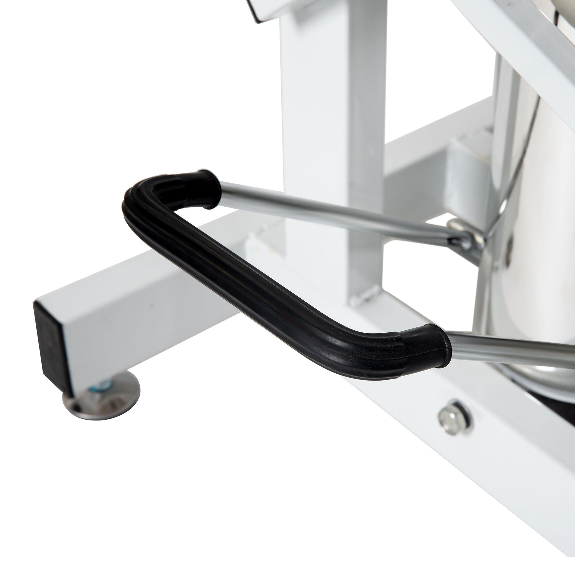 Hydraulic Pet Grooming Table with white metal frame and exposed hose on Tampa Home & Garden Store