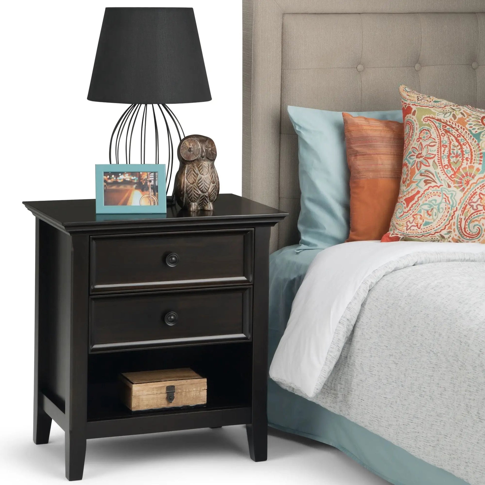 Amherst Bedside Table handcrafted black finish with two drawers and shelf on Tampa Home & Garden Store