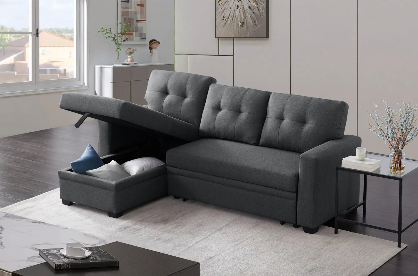 Upholstered Pull Out Sectional Sofa With Chaise in dark gray fabric Unique Piece Furniture on Tampa Home & Garden Store
