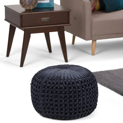 Renee Handcrafted Round Pouf in navy knitted fabric, textured accent piece Unique Piece Furniture on Tampa Home & Garden Store