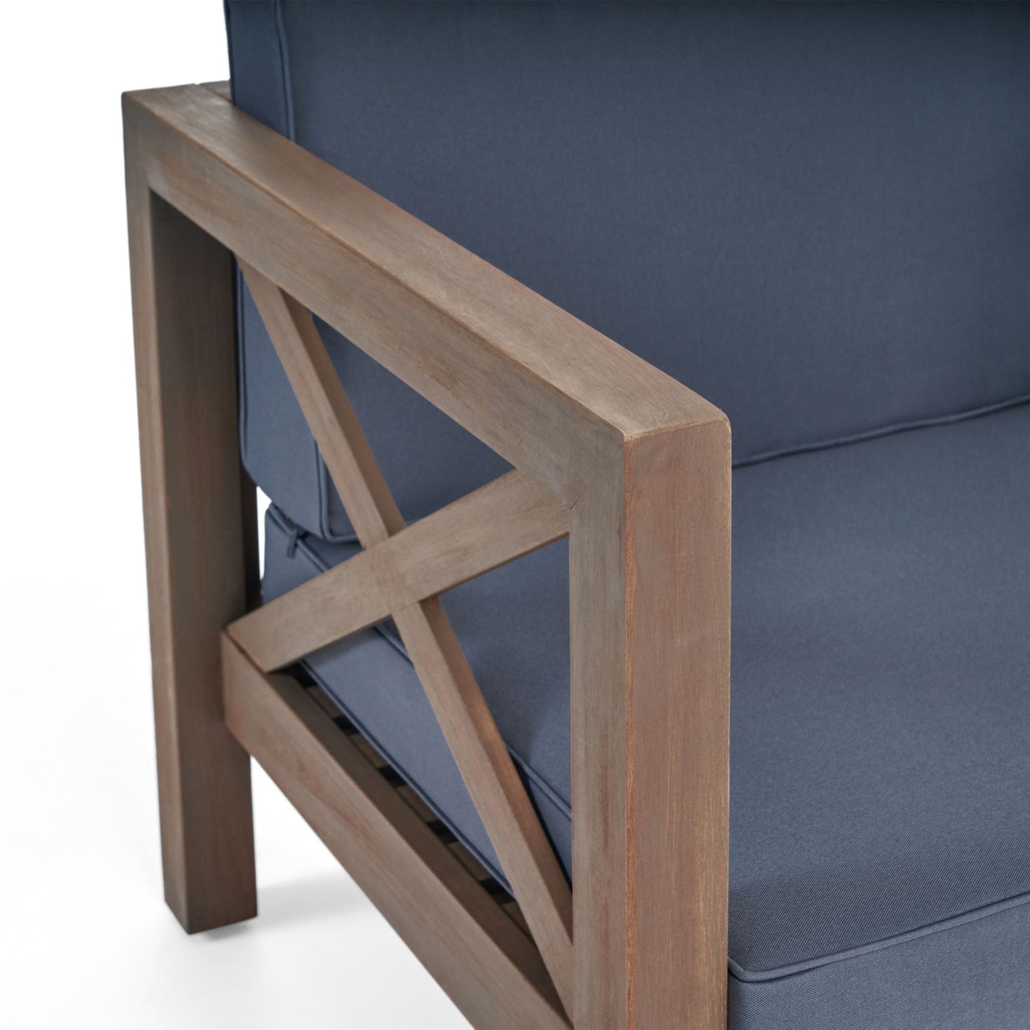Brava Mid-Century outdoor club chair with navy water-resistant cushions and natural wood frame on Tampa Home & Garden Store