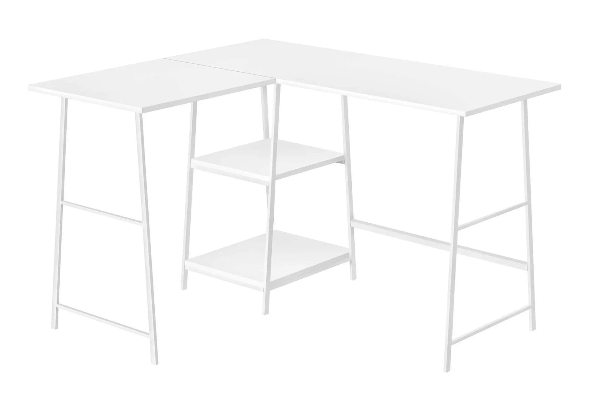 White L-shaped corner computer desk with built-in storage shelves and slim metal legs on Tampa Home & Garden Store