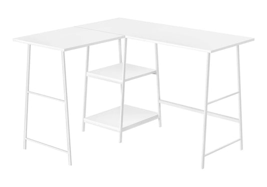 White L-shaped corner computer desk with built-in storage shelves and slim metal legs on Tampa Home & Garden Store