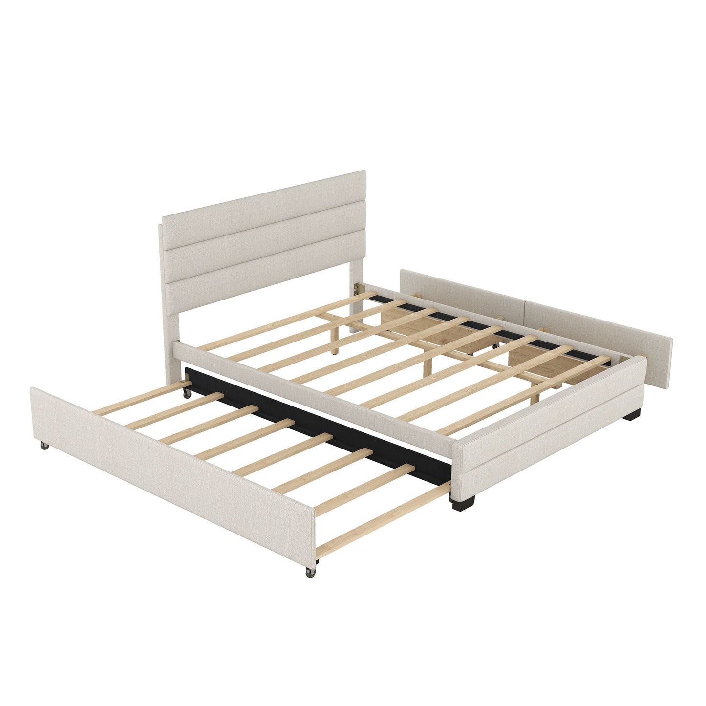 Queen platform bed in beige fabric with twin trundle and two storage drawers HouseOfZazla on Tampa Home & Garden Store