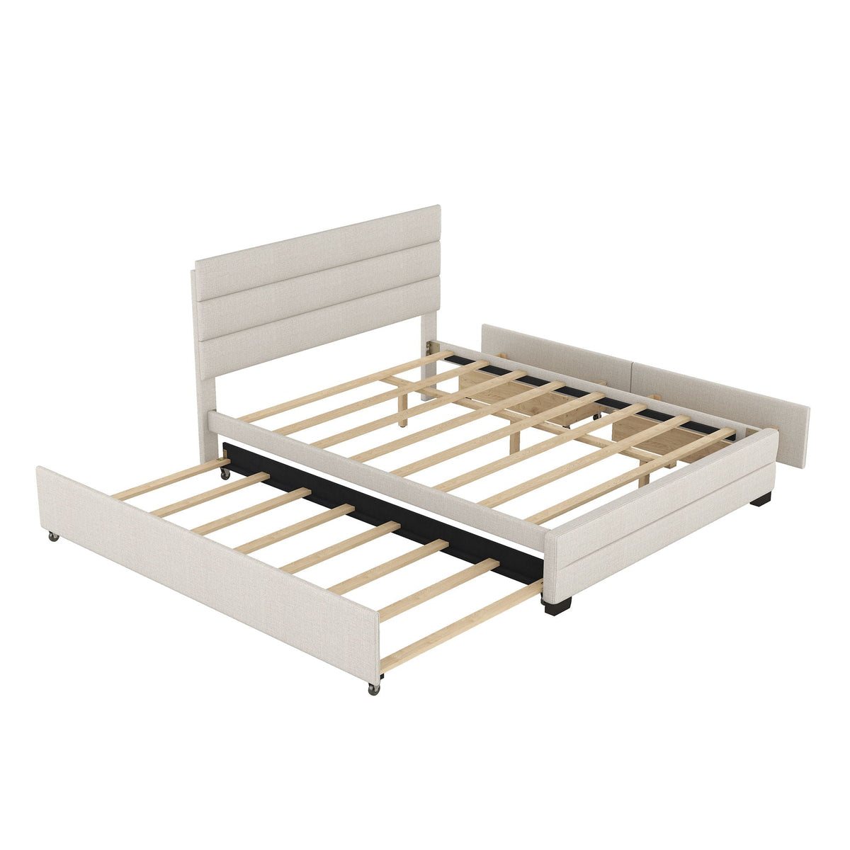 Queen platform bed in beige fabric with twin trundle and two storage drawers HouseOfZazla on Tampa Home & Garden Store