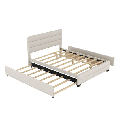 Queen platform bed in beige fabric with twin trundle and two storage drawers HouseOfZazla on Tampa Home & Garden Store