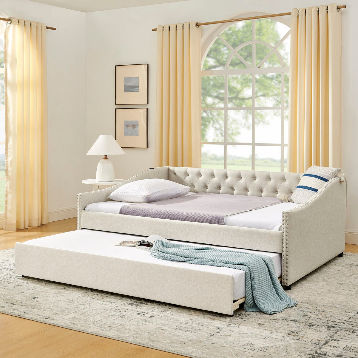 Upholstered daybed with USB charging and pull-out trundle in beige fabric by HouseOfZazla on Tampa Home & Garden Store