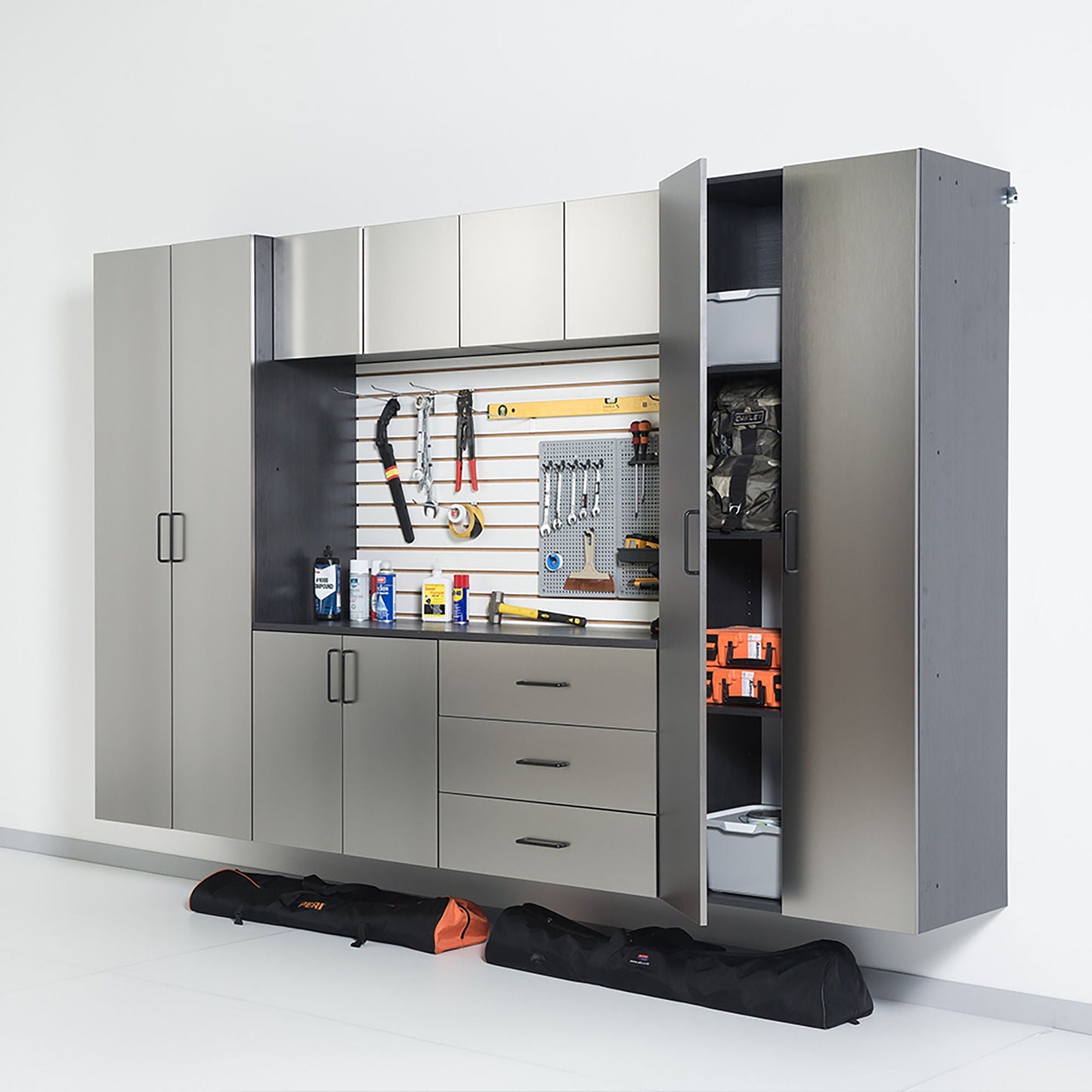 HouseOfZazla Astro Series wall mounted storage cabinet in metallic gray with soft-close drawers on Tampa Home & Garden Store