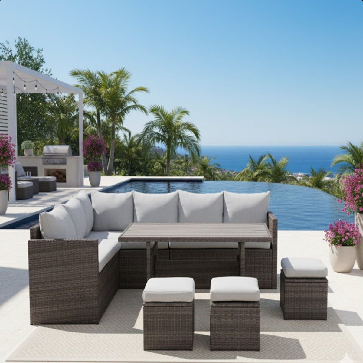 HouseOfZazla 7-Piece Outdoor Dining Set brown wicker white cushions sectional sofa and table on Tampa Home & Garden Store