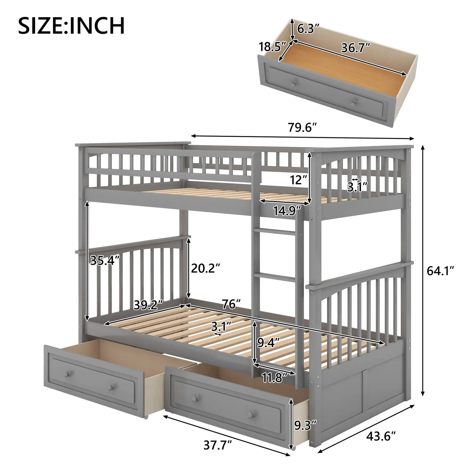 Twin over twin bunk bed with drawers in gray finish, convertible beds Unique Piece Furniture on Tampa Home & Garden Store