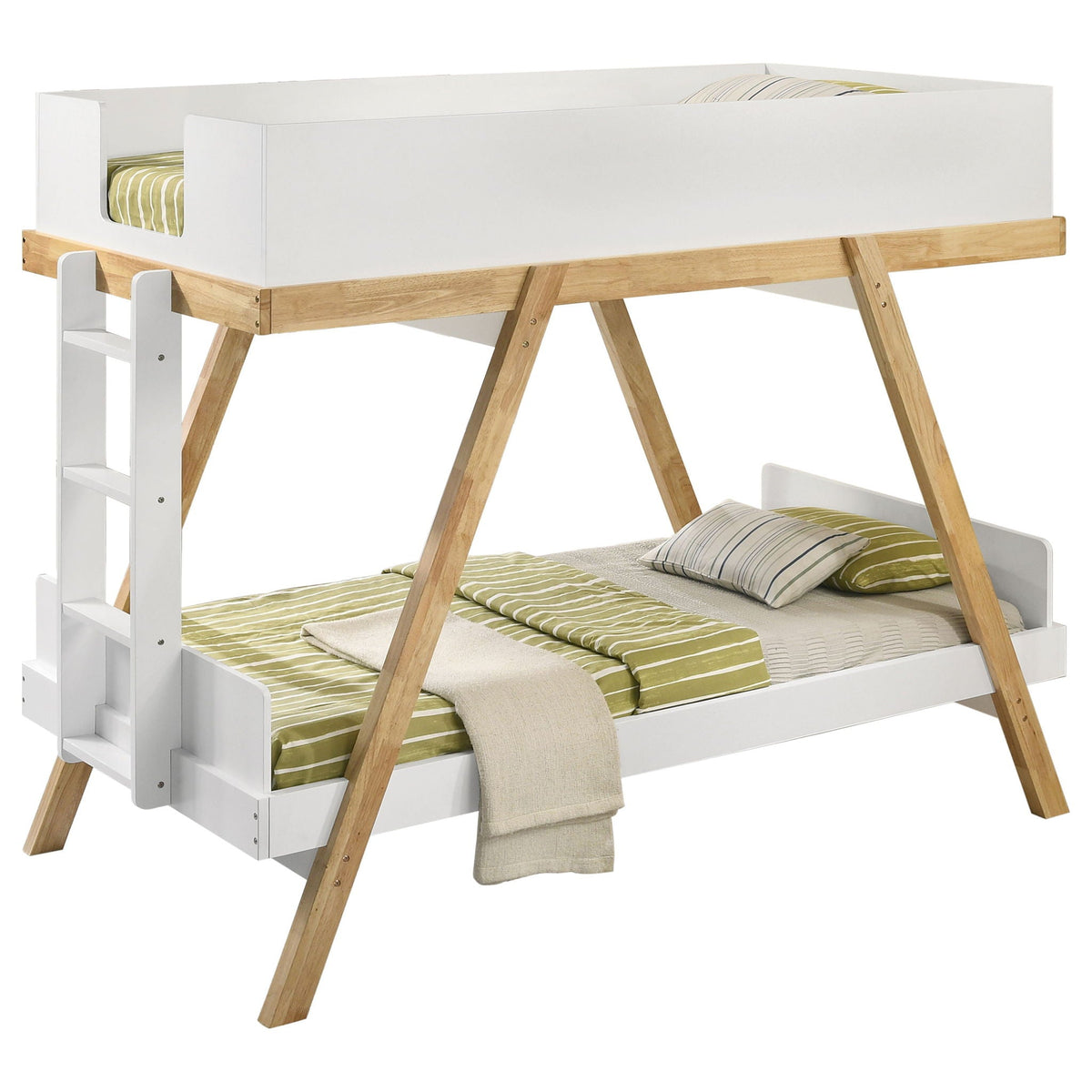 Crispin bunk bed white frame with natural wood ladder, green striped bedding on both bunks on Tampa Home & Garden Store