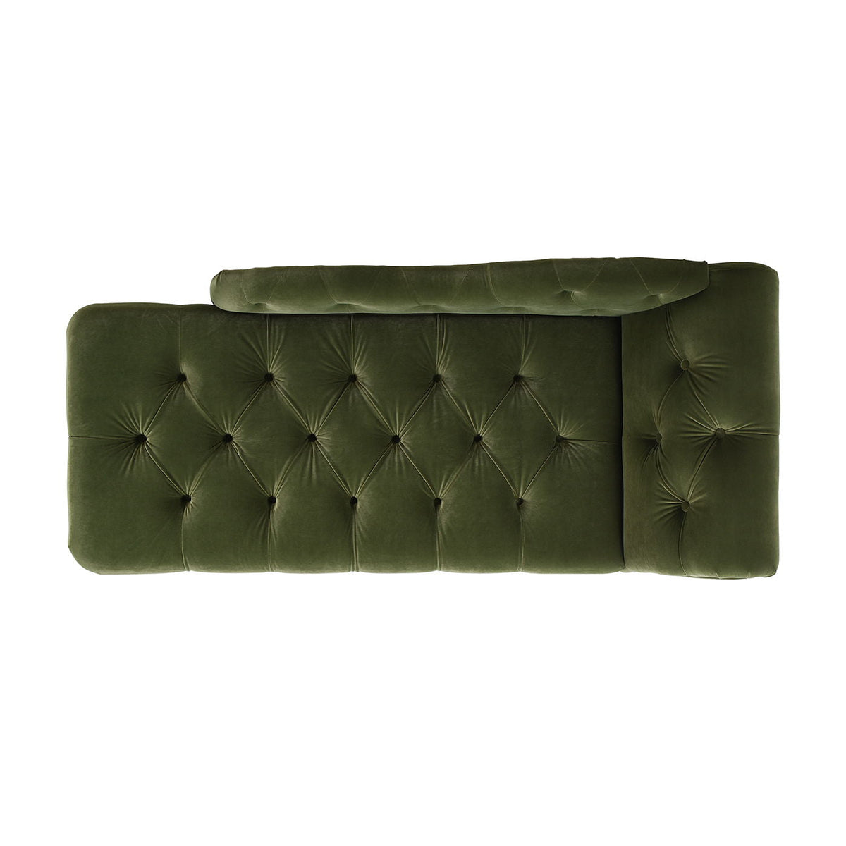 Tufted roll-arm chaise lounge in dark green velvet with premium foam on Tampa Home & Garden Store