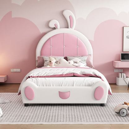 Upholstered platform bed with rabbit-shaped headboard in pink and white by HouseOfZazla on Tampa Home & Garden Store