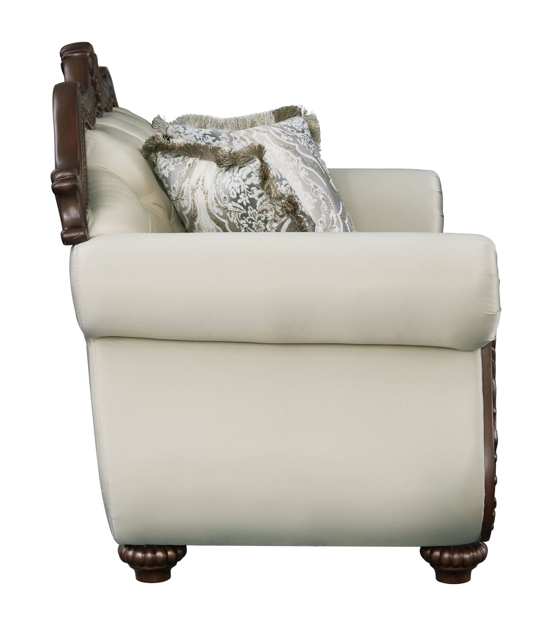 Pierce Stationary Loveseat with 3 pillows beige leather fringe pillows cherry carved wood arms on Tampa Home & Garden Store