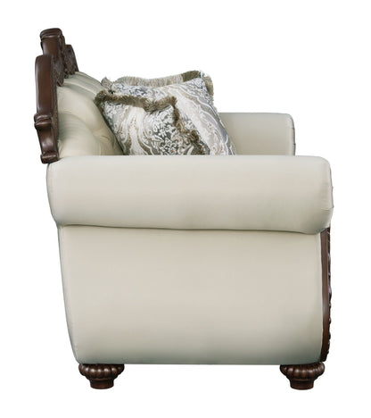 Pierce Stationary Loveseat with 3 pillows beige leather fringe pillows cherry carved wood arms on Tampa Home & Garden Store