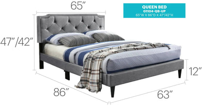 Button tufted gray upholstered bed with tufted headboard and dark legs, queen size 65W x 86D on Tampa Home & Garden Store