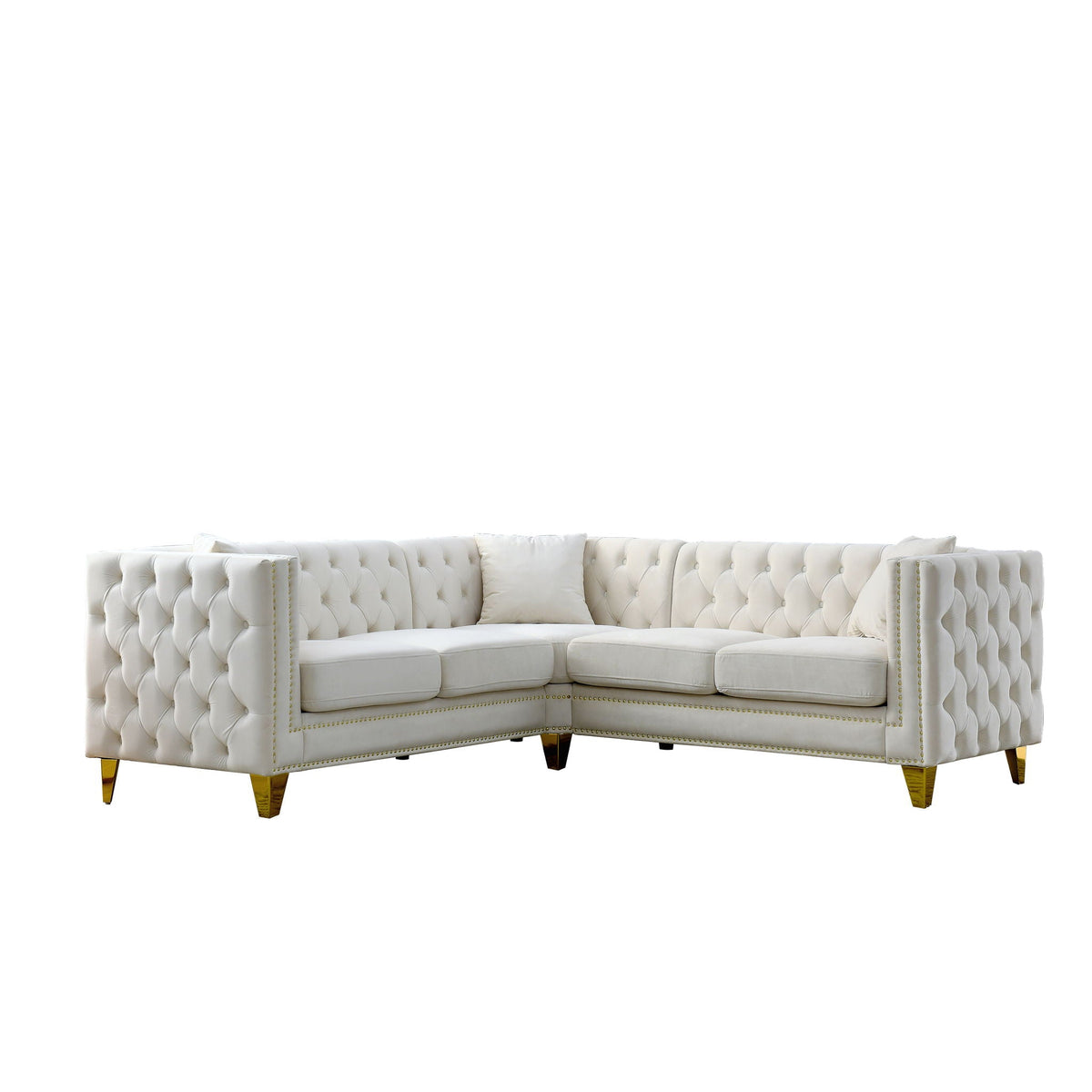 L-Shaped Corner Sofa 5-Seater Stationary, white tufted upholstery, gold legs HouseOfZazla on Tampa Home & Garden Store