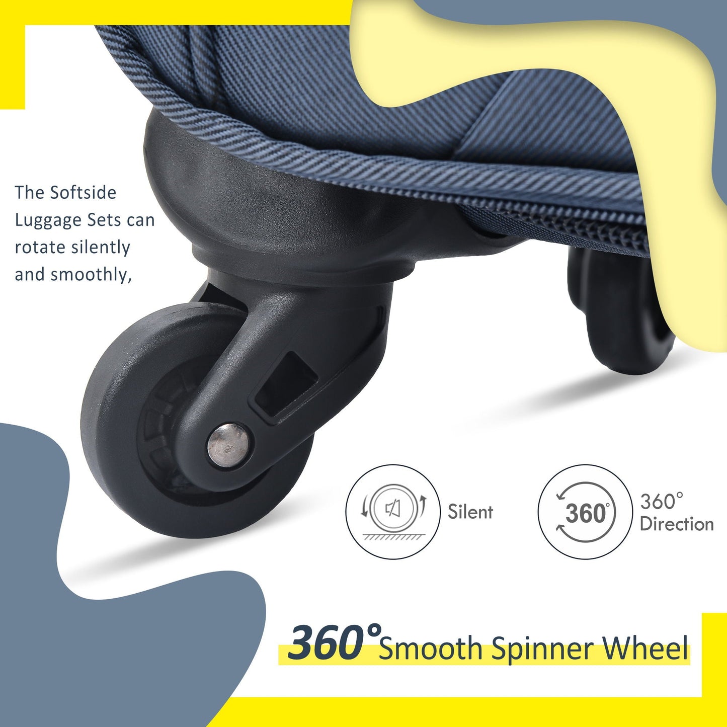Softside luggage wheel close-up in dark blue with 360° spinner HouseOfZazla luggage set on Tampa Home & Garden Store