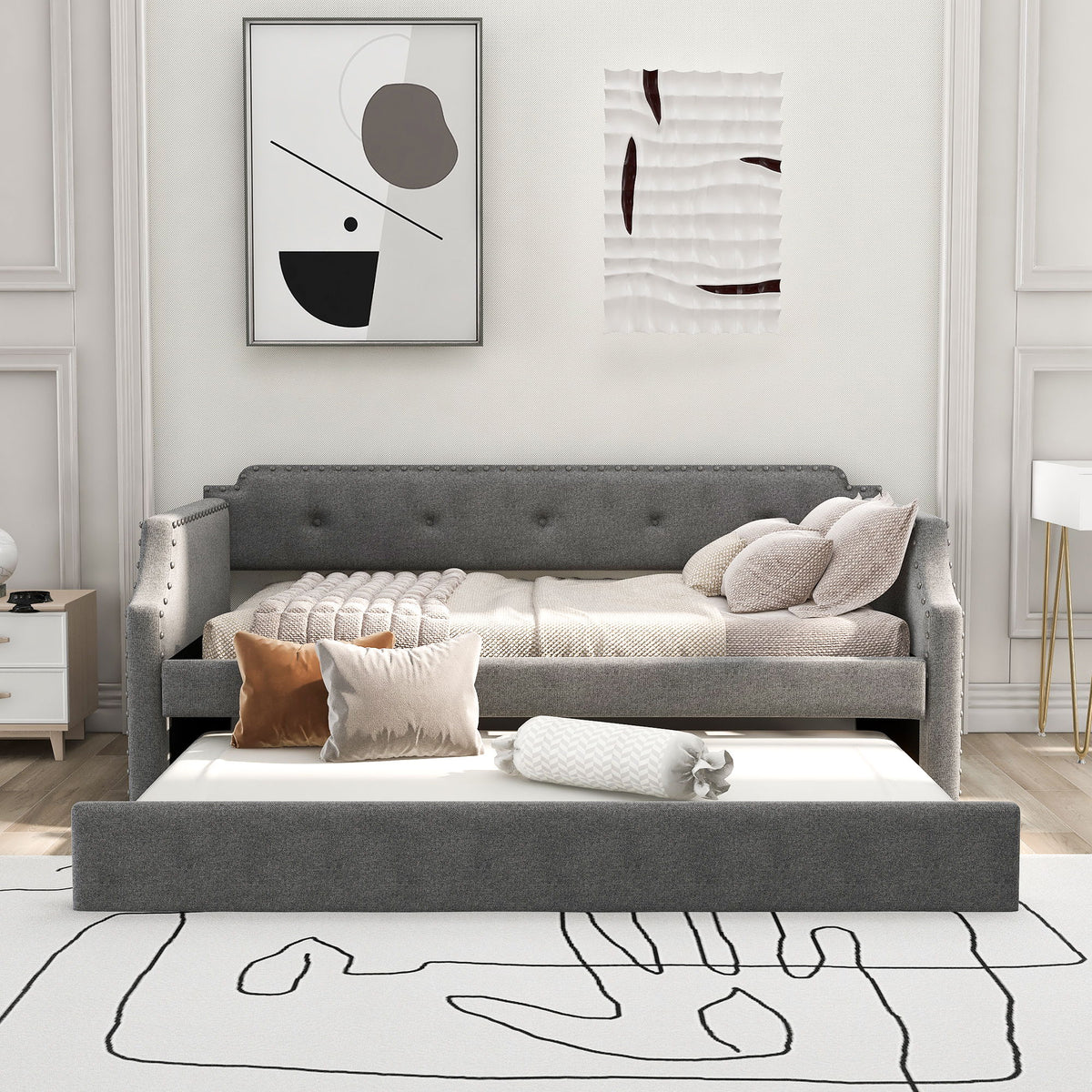 Upholstered daybed with trundle in gray fabric by HouseOfZazla on Tampa Home & Garden Store